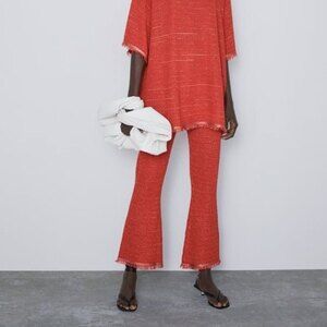 Orange Zara Metallic Thread Elastic Waist Fringe Hem Textured Pants (NWT)